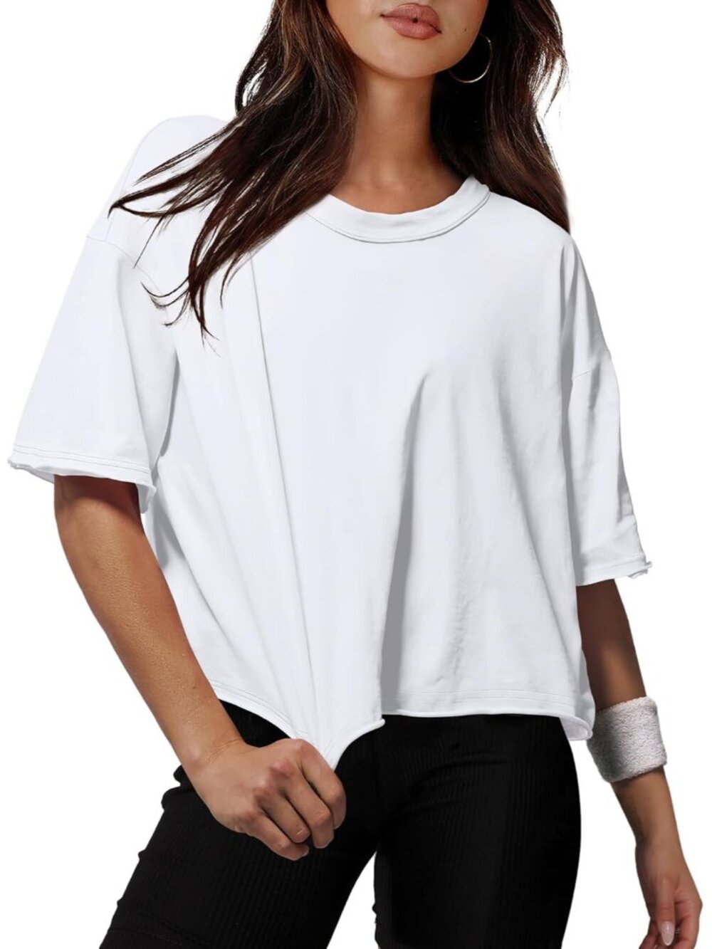 Women's White Crew Neck Casual Crop Tops Short Sleeve Pull On Basic Tees Shirts